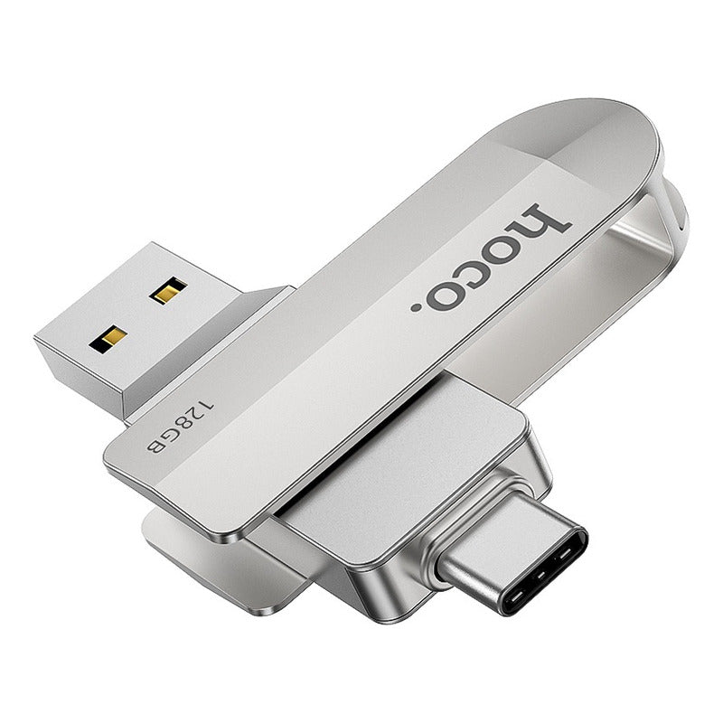 Memoria Flash Usb 3.0 128gb Hoco. Dos Entradas Tipo A Tipo C Color Plateado Metal