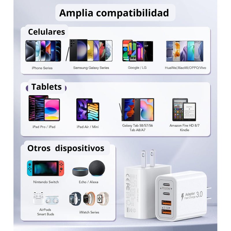Adaptador Cargador Usb + Tipo C 20w Carga Rápida Qc 3.0 - Mi tienda