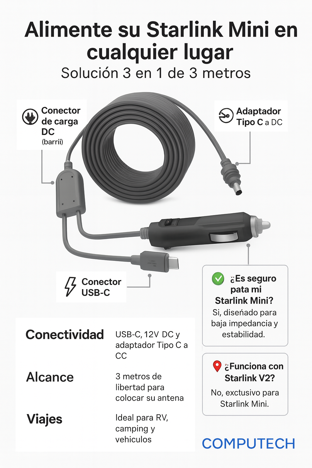 Cable Cargador Auto Starlink Mini 3 en 1 Premium