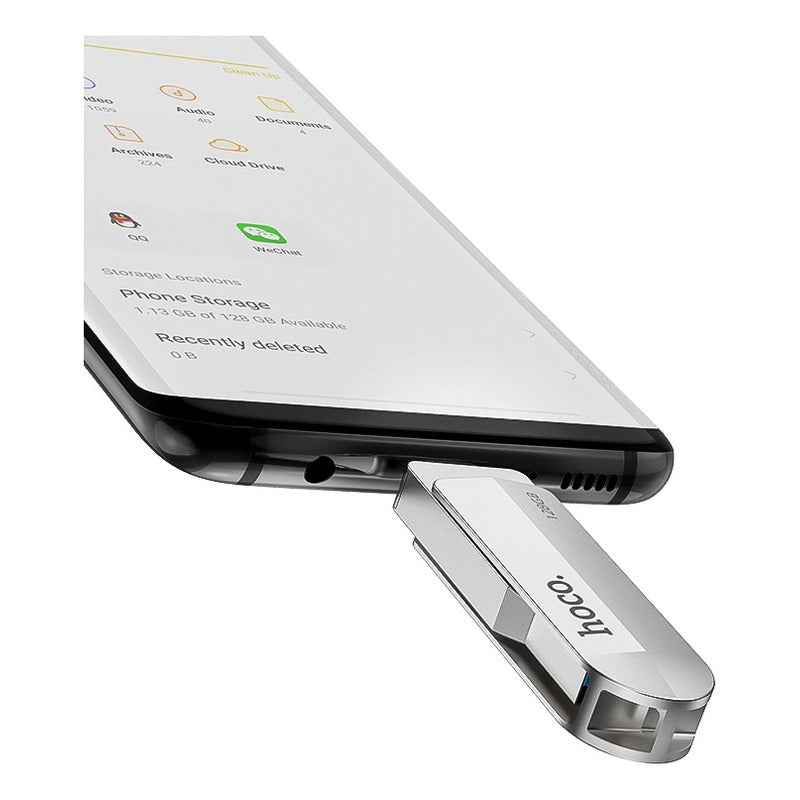 Memoria Flash Usb 3.0 128gb Hoco. Dos Entradas Tipo A Tipo C Color Plateado Metal