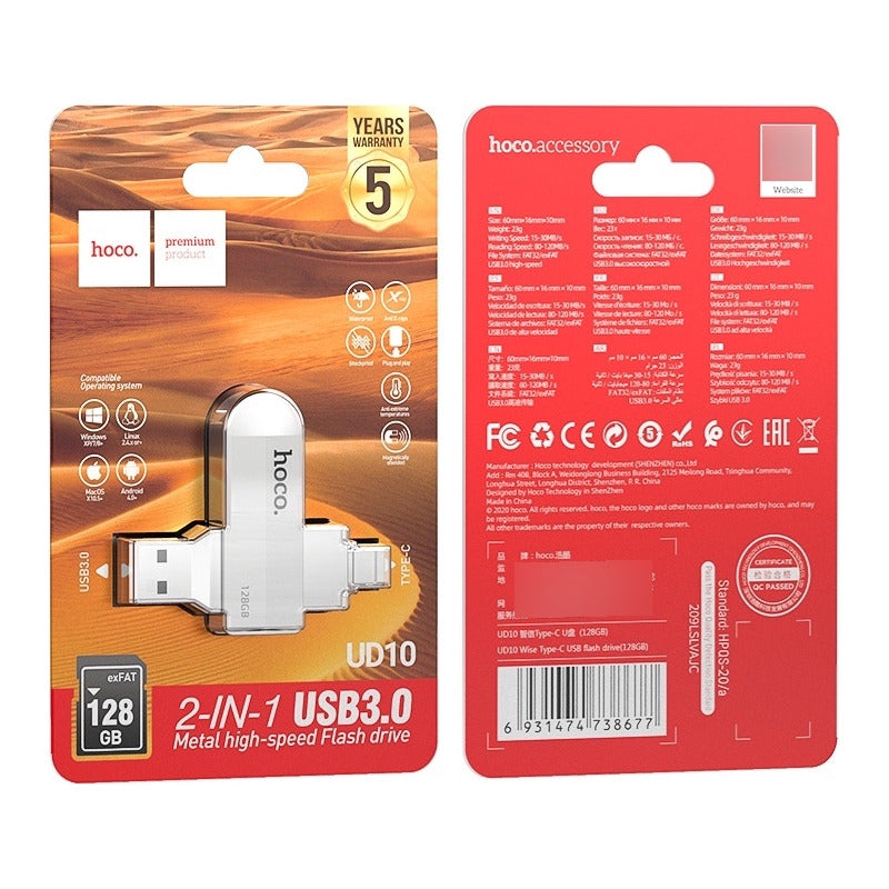 Memoria Flash Usb 3.0 128gb Hoco. Dos Entradas Tipo A Tipo C Color Plateado Metal