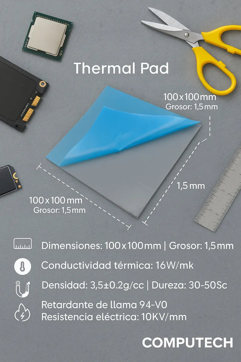 Thermal Pad 16W/mK 0.5mm - 100x100mm Alto Rendimiento GPU/CPU