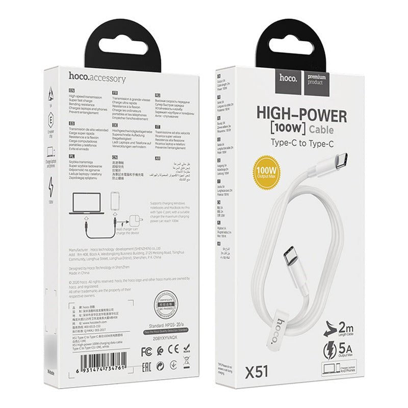 Cable Carga Rápida Tipo C A Tipo C 100w 1m Blanco Hoco X51 - Mi tienda