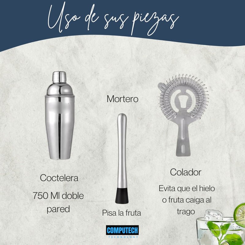 Juego Coctelera Set Utensilios Bar Inoxidable 12 Pzs Color Bambi Natural Marca Computech Premium - Mi tienda