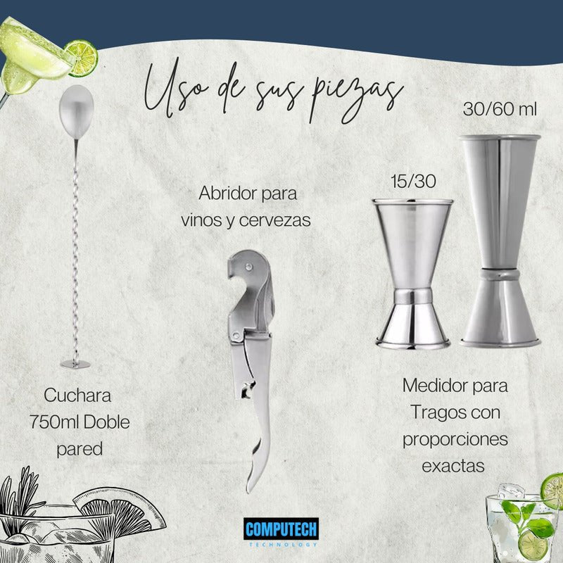 Juego Coctelera Set Utensilios Bar Inoxidable 12 Pzs Color Bambi Natural Marca Computech Premium - Mi tienda