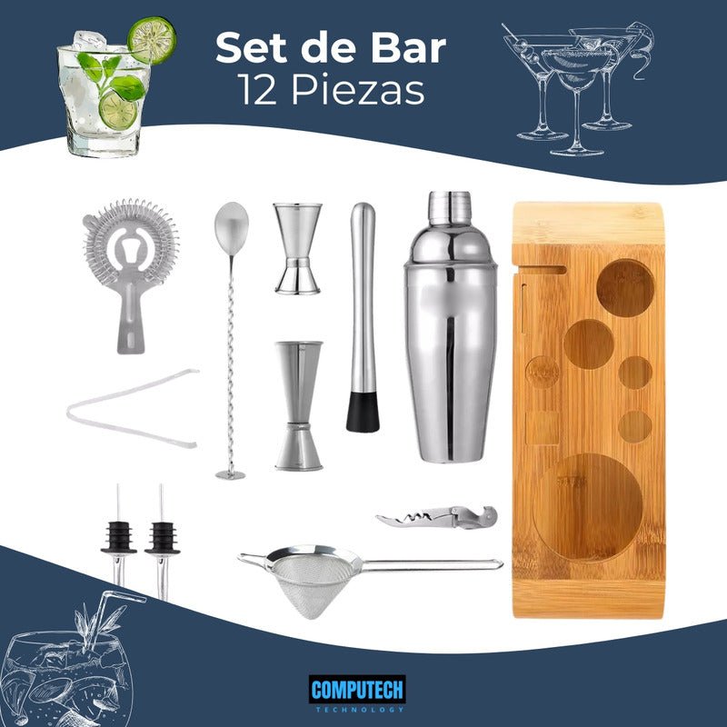 Juego Coctelera Set Utensilios Bar Inoxidable 12 Pzs Color Bambi Natural Marca Computech Premium - Mi tienda
