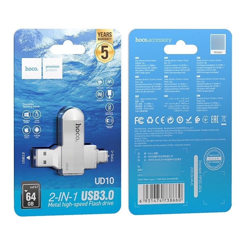 Memoria Flash Usb 3.0 64gb Hoco. Dos Entradas Tipo A Tipo C Color Plateado Metal - Mi tienda